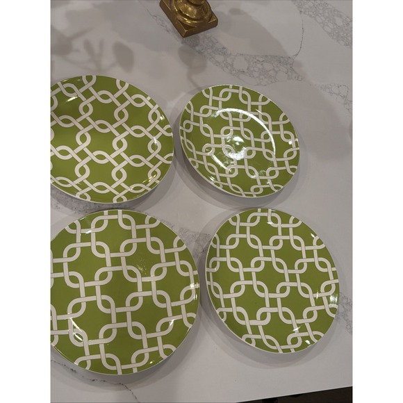 Celebrating Home Stoneware Collection Luncheon Plates 4 Green White Lattice - Picture 4 of 5